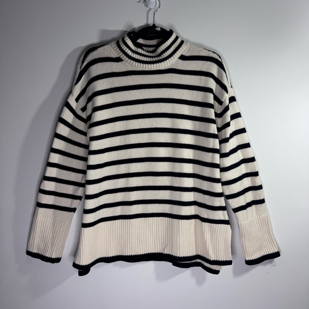 Lucky Brand Striped Mock Neck Sweater Black White Cotton Cashmere Small